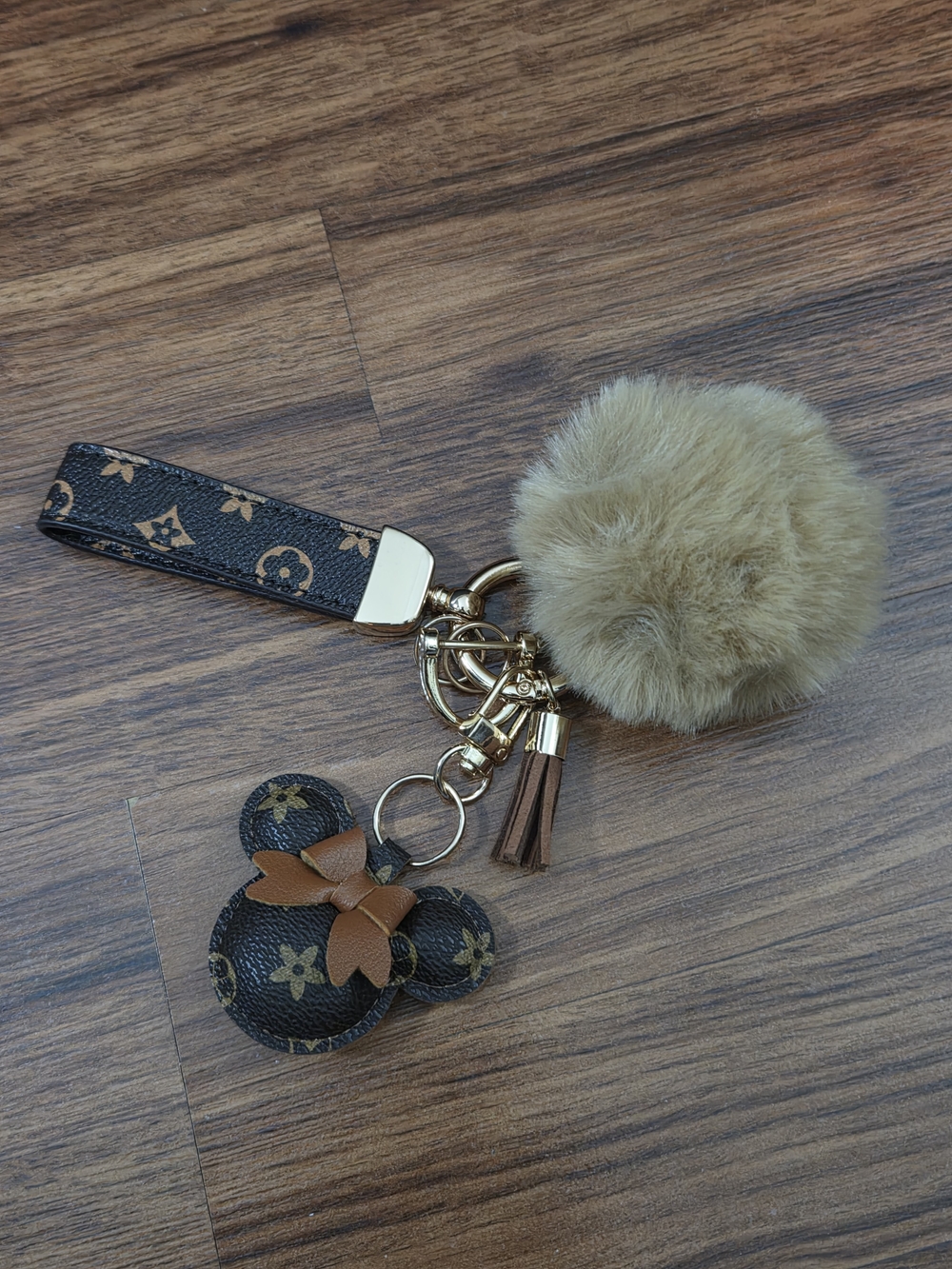 Brown Minnie Mouse Pom Pom Keychain